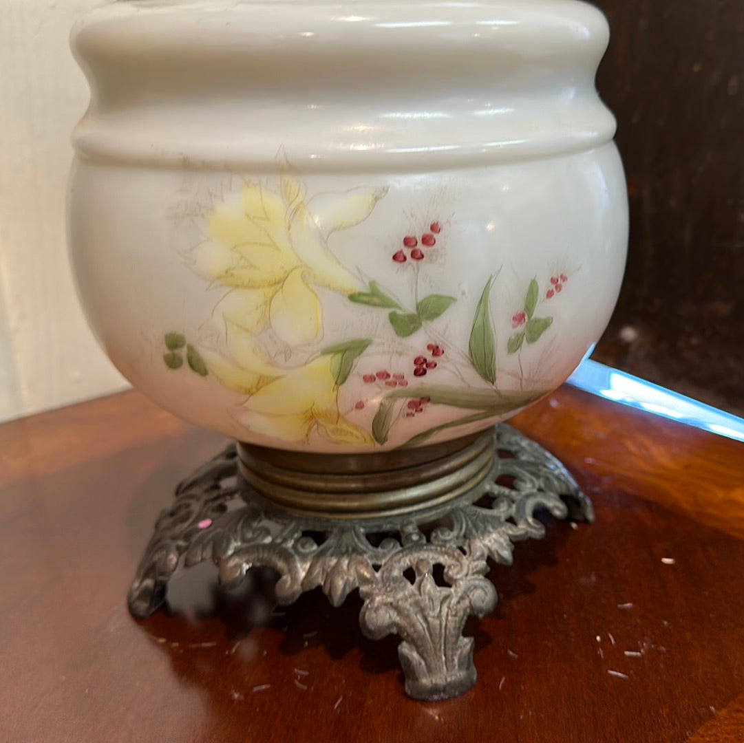 Antique White Milk Glass Floral Design Oil Lamp