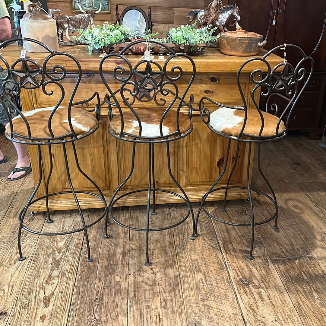 Wrought Iron and Cowhide Bar Stools